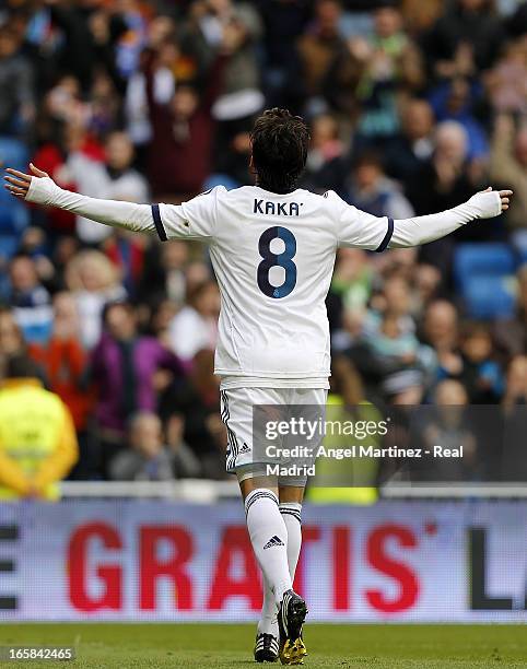 Kaka of Real Madrid celebrates after scoring from the penalty spot his team's second goal during the La Liga match between Real Madrid and Levante at...
