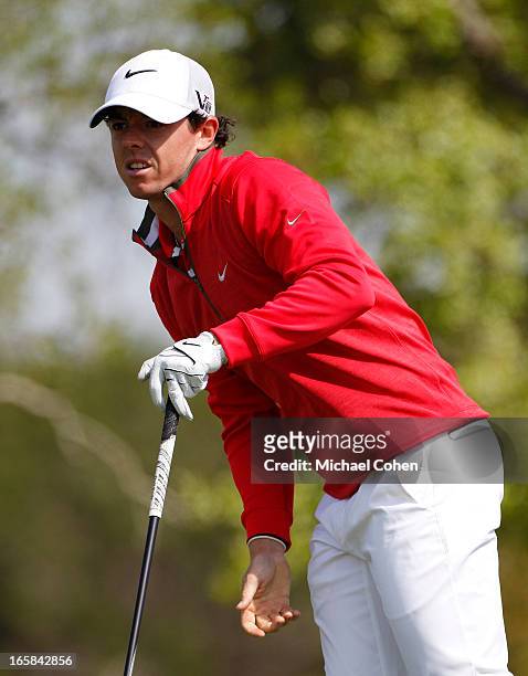 Rory McIlroy of Northern Ireland watches his drive on the second hole during the third round of the Valero Texas Open held at the AT&T Oaks Course at...