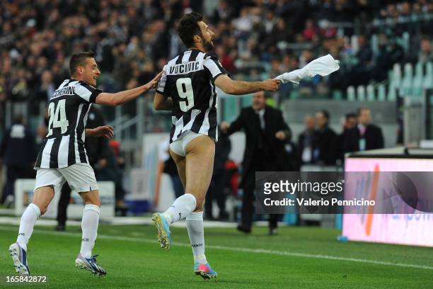 Mirko Vucinic of Juventus celebrates the opening goal during the Serie A match between Juventus and Pescara at Juventus Arena on April 6, 2013 in...