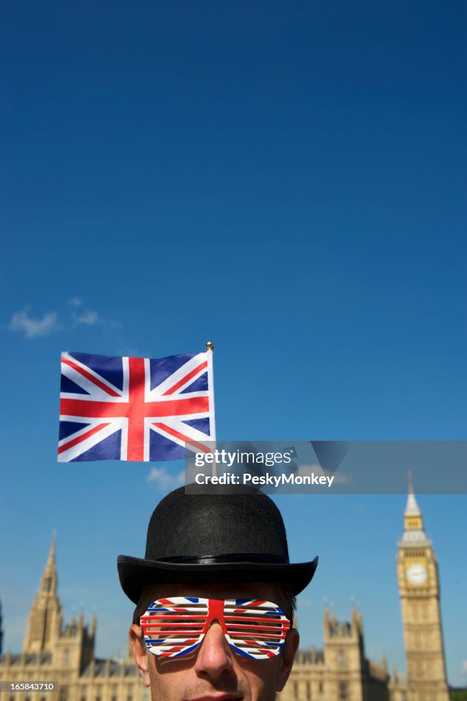 Union Jack Bowler Hat Man Stands at Westminster London