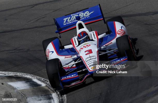 Helio Castroneves of Brazil, drives the AAA Insurance Team Penske during qualifying for the Honda Indy Grand Prix of Alabama at Barber Motorsports...