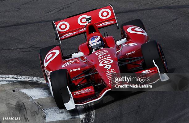 Scott Dixon of New Zealand, drives the Target Chip Ganassi Racing Honda during qualifying for the Honda Indy Grand Prix of Alabama at Barber...