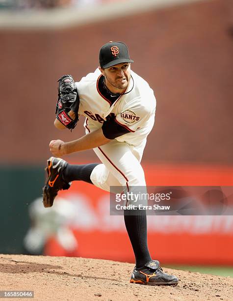 Barry Zito of the San Francisco Giants pitches against the St. Louis Cardinals at AT&T Park on April 5, 2013 in San Francisco, California.