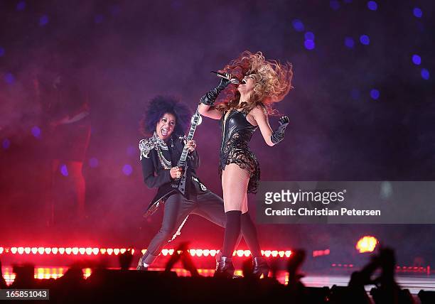 Beyonce and Bibi McGill perform during the Pepsi Super Bowl XLVII Halftime Show at the Mercedes-Benz Superdome on February 3, 2013 in New Orleans,...