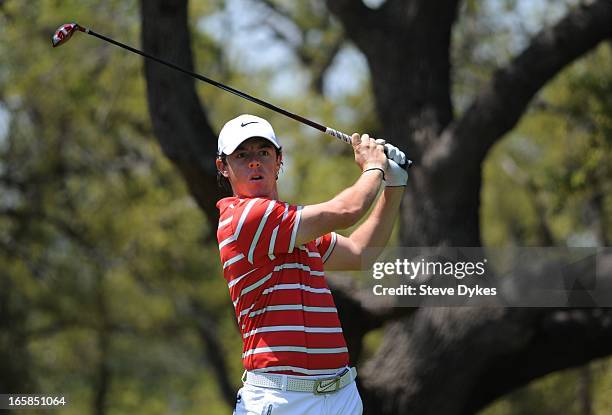 Rory McIlroy of Ireland hits his tee shot on the 6th hole during the third round of the Valero Texas Open at the AT&T Oaks Course at TPC San Antonio...
