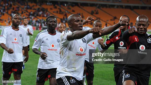 Khethowakhe Masuku celebrating his goal with team mates during the CAF Confedaration Cup match between Orlando Pirates and Zanaco at FNB Stadium on...