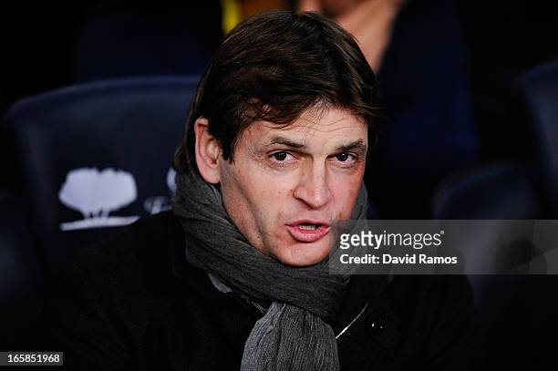 Head coach Tito Vilanova of FC Barcelona looks on from the bench prior to the La Liga match between FC Barcelona and RCD Mallorca at Camp Nou on...