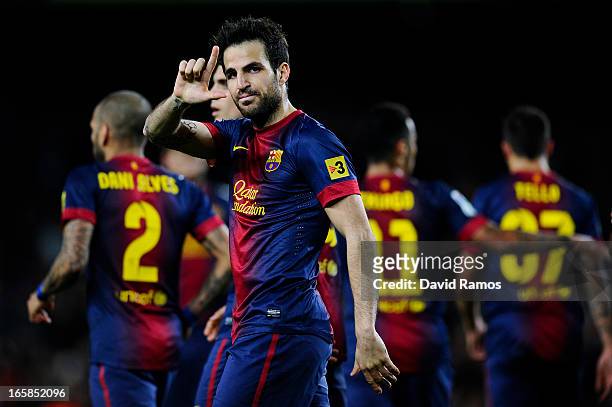 Cesc Fabregas of FC Barcelona celebrates after scoring his team's third goal during the La Liga match between FC Barcelona and RCD Mallorca at Camp...