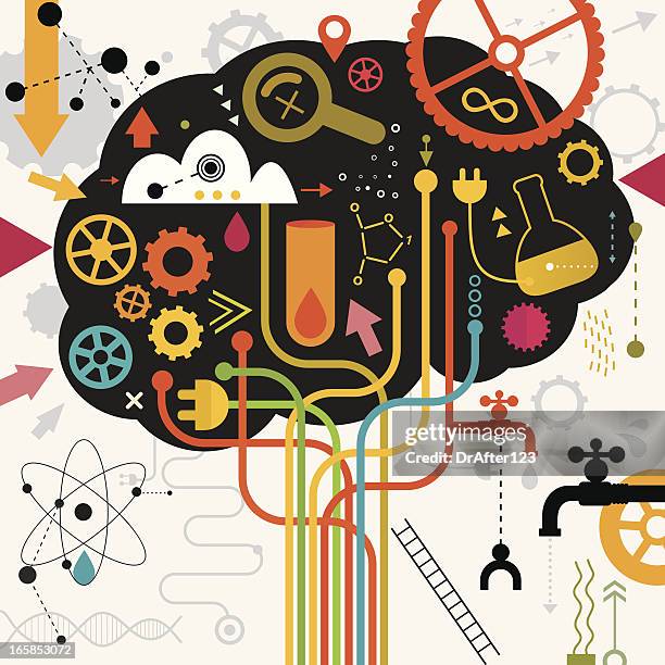 brain in action making research - solutions chemistry stock illustrations