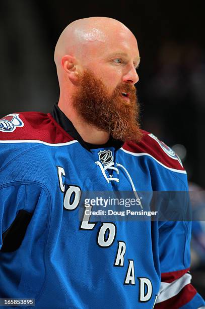 Greg Zanon of the Colorado Avalanche looks on during warm ups prior to facing the Nashville Predators at the Pepsi Center on March 30, 2013 in...