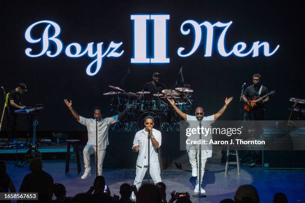 Shawn Stockman, Nathan Morris and Wanya Morris of Boyz II Men perform onstage at The Aretha Franklin Amphitheatre on September 03, 2023 in Detroit,...