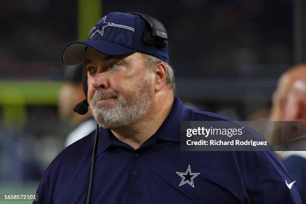 Dallas Cowboys Head Coach Mike McCarthy is seen on the sideline in a preseason game in a preseason game against the Las Vegas Raiders at AT&T Stadium...