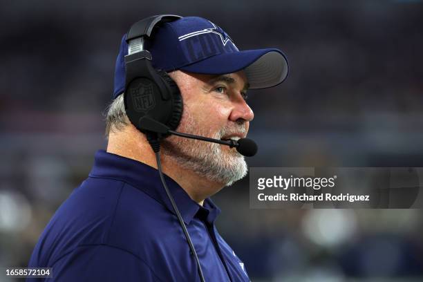 Dallas Cowboys Head Coach Mike McCarthy is seen on the sideline in a preseason game in a preseason game against the Las Vegas Raiders at AT&T Stadium...