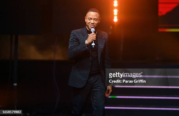 Terrence "Terrence J" Jenkins speaks onstage during The 16th Headies Awards at Cobb Energy Performing Arts Centre on September 03, 2023 in Atlanta,...