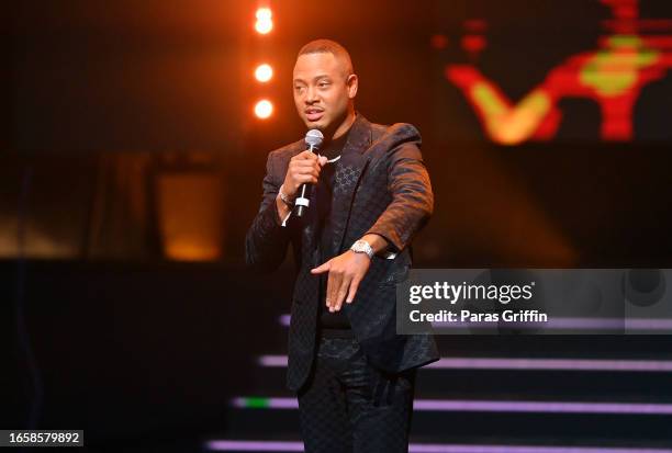 Terrence "Terrence J" Jenkins speaks onstage during The 16th Headies Awards at Cobb Energy Performing Arts Centre on September 03, 2023 in Atlanta,...