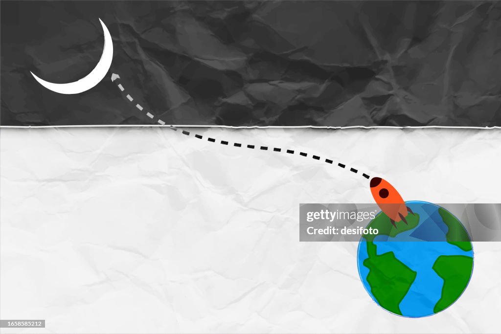 A space theme backdrop with a black torn paper sheet over white background, with a dotted line defining trajectory of red space vehicle from blue planet earth to crescent moon