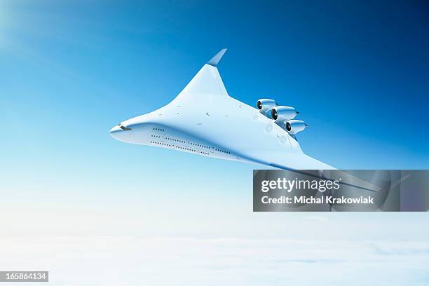 futuristic passenger airplane with blended wing body design - airplane 3d stock pictures, royalty-free photos & images
