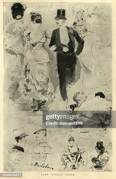 ilustrações de stock, clip art, desenhos animados e ícones de sketch from paris france during the belle époque, couple at the opera ball, cafe de la paix, victorian, 1890s, 19th century - victorian style