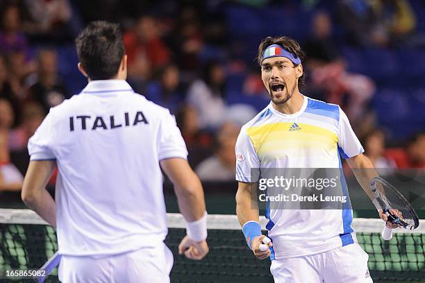 Fabio Fognini of Italy celebrates with teammate Daniele Bracciali after winning a set during his doubles match against Vasek Pospisil and Daniel...