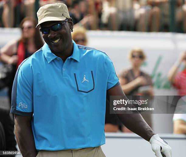 Legend Michael Jordan prepares to tee off during ARIA Resort & Casino's Michael Jordan Celebrity Invitational golf tournament at Shadow Creek on...