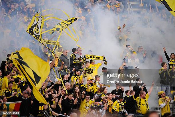 Columbus Crew fans celebrate a goal by the Crew against the Philadelphia Union on April 6, 2013 at Crew Stadium in Columbus, Ohio. Columbus and...