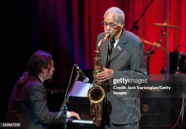 American jazz musician Fred Staton on tenor saxophone, with Peter Yarin on piano, performs at the Jazz Foundation of America's 9th Annual 'A Great...