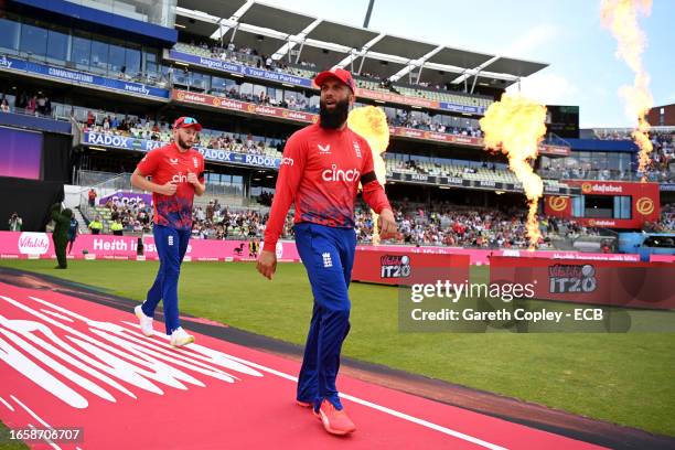 Moeen Ali of England walks out ahead of the 3rd Vitality T20 International between England and New Zealand at Edgbaston on September 03, 2023 in...