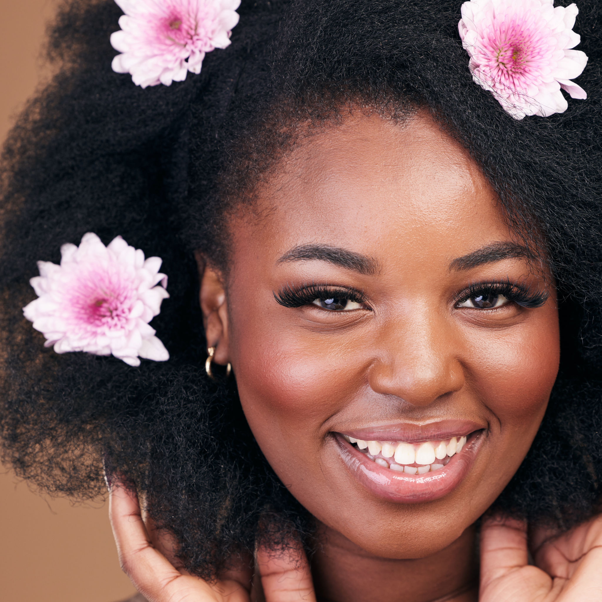 Face, flowers and black woman in afro hair care, happy and beauty in studio isolated on a brown background. Portrait, floral hairstyle cosmetics and natural African model in organic salon treatment Face, flowers and black woman in afro hair care, happy and beauty in studio isolated on a brown background. Portrait, floral hairstyle cosmetics and natural African model in organic salon treatment