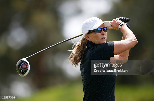 Janet Jones-Gretzky hits a tee shot during ARIA Resort & Casino's Michael Jordan Celebrity Invitational golf tournament at Shadow Creek on April 6,...