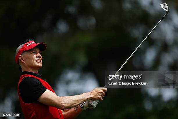 No Doubt drummer Adrian Young hits a tee shot during ARIA Resort & Casino's Michael Jordan Celebrity Invitational golf tournament at Shadow Creek on...