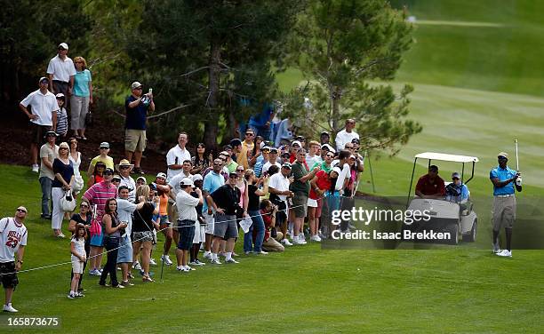 Legend Michael Jordan hits a second shot during ARIA Resort & Casino's Michael Jordan Celebrity Invitational golf tournament at Shadow Creek on April...