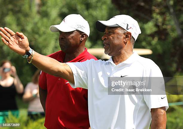 Former MLB players Vince Coleman and Ozzie Smith discuss strategy during ARIA Resort & Casino's Michael Jordan Celebrity Invitational golf tournament...