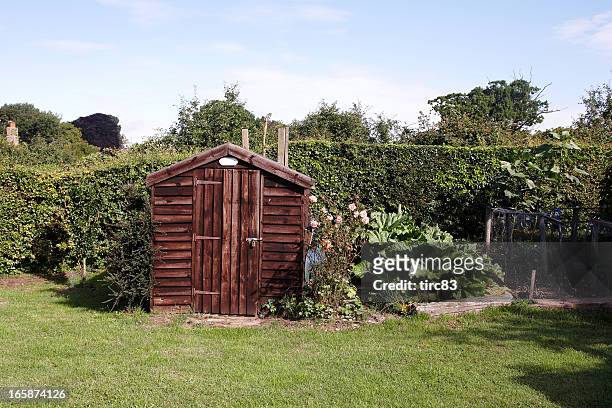 garden shed in typical english back yard - hut stockfoto's en -beelden
