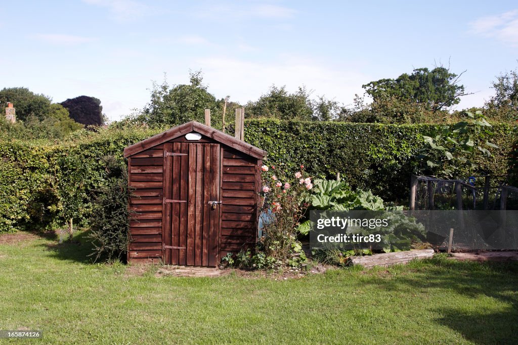 Garden shed in typical English back yard