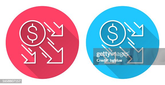Dollar decrease. Round icon with long shadow on red or blue background Dollar decrease. Round icon with long shadow on red or blue background