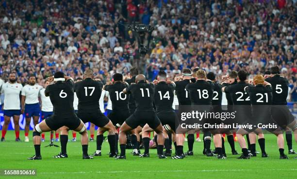 Aka of New Zealand in action during the Rugby World Cup France 2023 match between France and New Zealand at Stade de France on September 8, 2023 in...