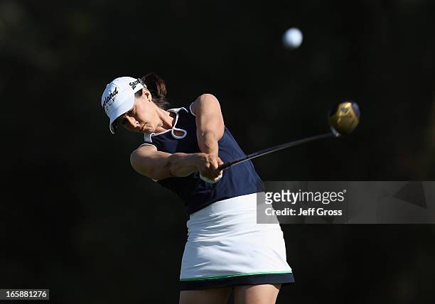 Paige Mackenzie hits her tee shot on the second hole during the third round of the Kraft Nabisco Championship at Mission Hills Country Club on April...