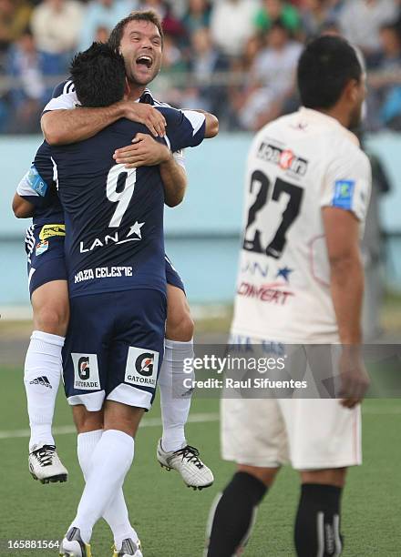 Renzo Revoredo of Sporting Cristal celebrates a goal during a match between UTC and Sporting Cristal as part of The 2013 Torneo Descentralizado at...