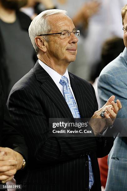 Head coach Roy Williams of the North Carolina Tar Heels attends the 2013 NCAA Men's Final Four Semifinal between the Michigan Wolverines and the...