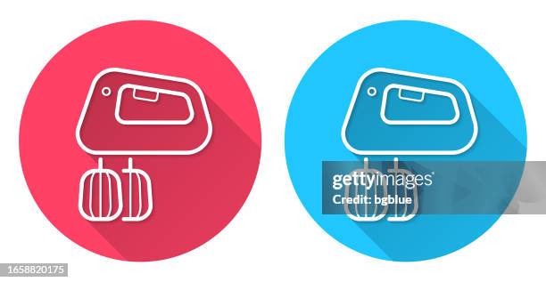 hand mixer. round icon with long shadow on red or blue background - baking tools stock illustrations