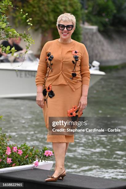 Catherine Martin arrives at the Hotel Excelsior pier for the 80th Venice International Film Festival 2023 on September 04, 2023 in Venice, Italy.