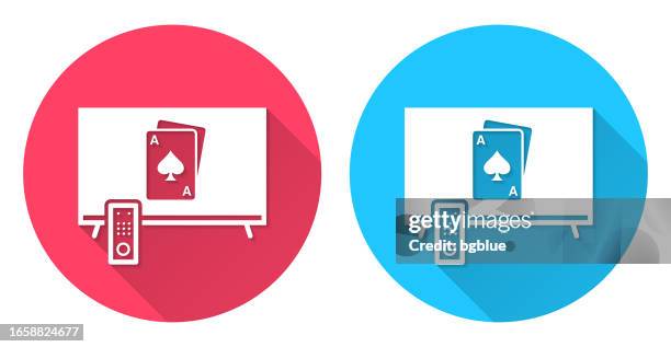 tv with playing card. round icon with long shadow on red or blue background - blackjack stock illustrations