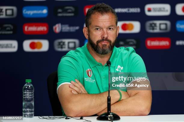 Head coach Andy Farrell of Ireland during the press conference during the Rugby World Cup France 2023 match between Ireland and Romania at Stade de...