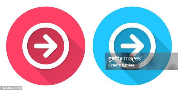 right arrow button. round icon with long shadow on red or blue background - 665409969 or 665409803 stock illustrations