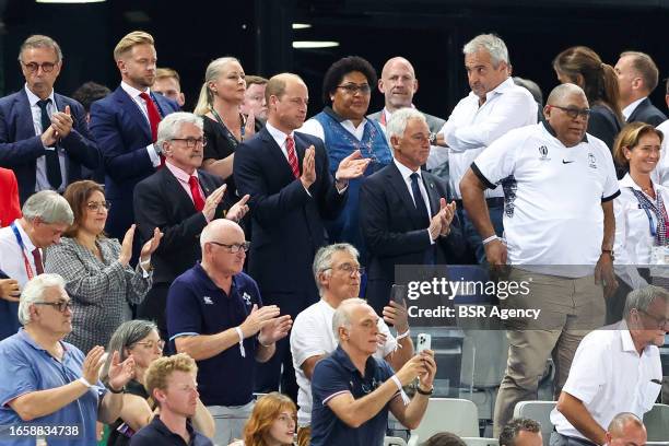 Prins of Wales as supporter of Wales and the President of the Welch rugby bond Gerald Davies during the Rugby World Cup France 2023 match between...