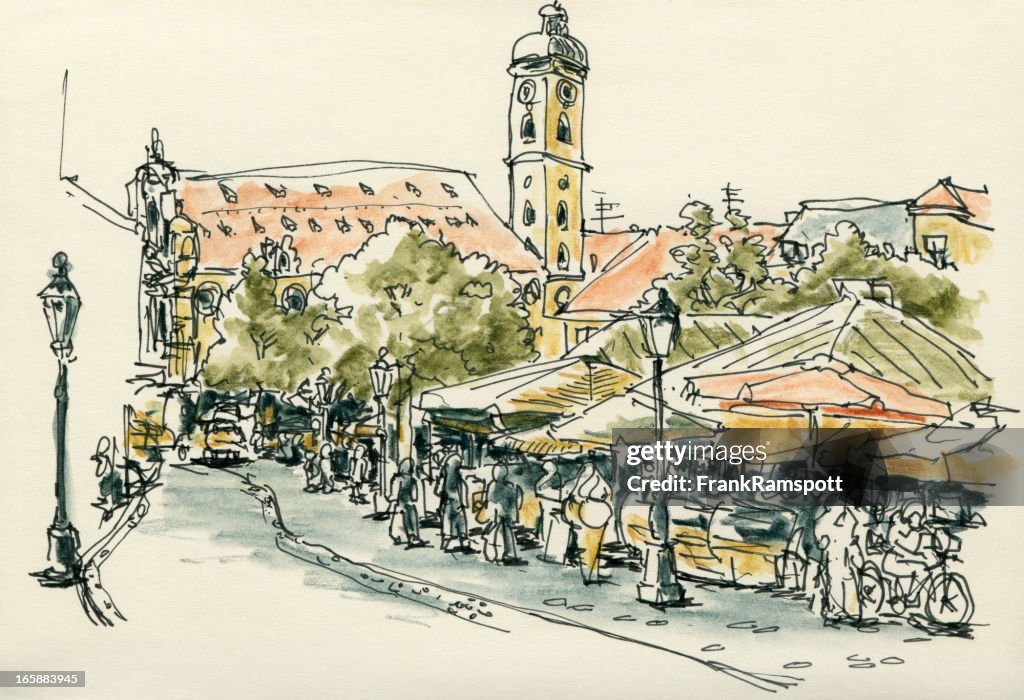 Viktualienmarkt München Aquarell Tintenskizze