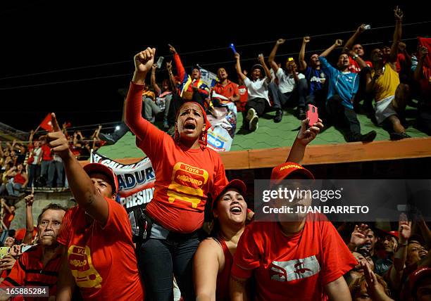 Supporters of Venezuelan acting President Nicolas Maduro react during a campaign rally in Puerto Ordaz, Bolivar state, Venezuela on April 6, 2013....