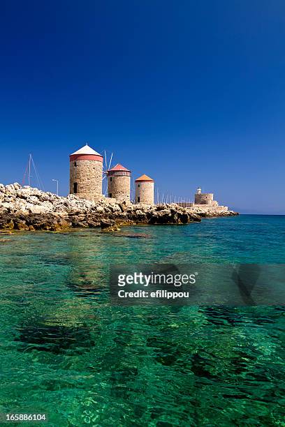 rhodes mandraki windmills - rhodes,_new_south_wales stock pictures, royalty-free photos & images