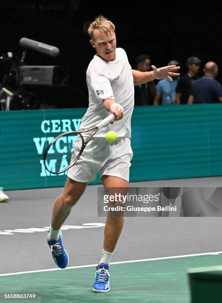 Filip Bergevi of Sweden in action during training session of 2023 Davis Cup Finals Group Stage Bologna at Unipol Arena on September 11, 2023 in...