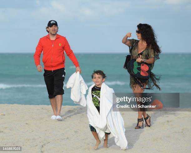 Cristian Castro, Mikhail Castro and Valeria Liberman are sighted on April 6, 2013 in Miami Beach, Florida.